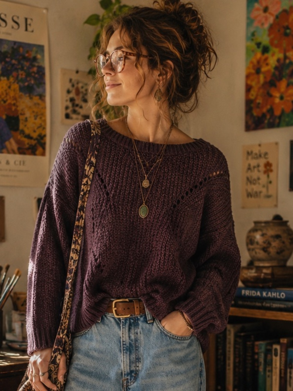 Alter’d State Plum Open Knit Sweater M Oversized Boho Eclectic Art Teacher